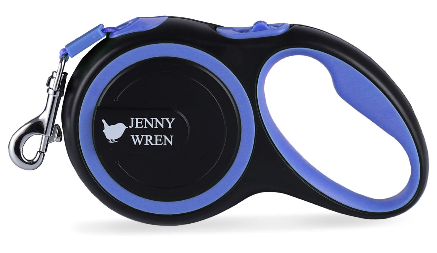Jenny Wren Tangle-Free, Retractable Dog Lead with Anti-Slip Handle; 8M / 26FT Reflective Strong Nylon Tape/Ribbon; One-Handed Brake, Pause, Lock Blue