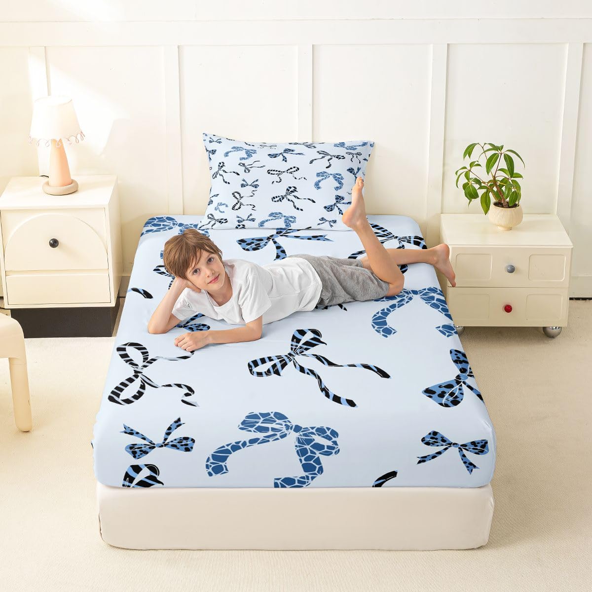 jejeloiu Blue Leopard Bow Fitted Sheet Twin Size for Kids Boys Girls Leopard Print Bowknot Bed Sheets Set 16" Deep Pocket Dreamy Princess Bowknot Bedding with 1 Pillowcase Room Decor