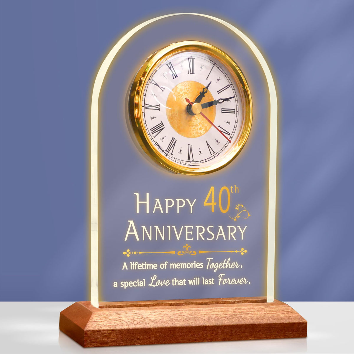 OkiyiD 40th Wedding, Light Up Anniversary Clock with LED Wooden Base for Couples Parents Bedroom Decor, Happy 40th for Husband Wife