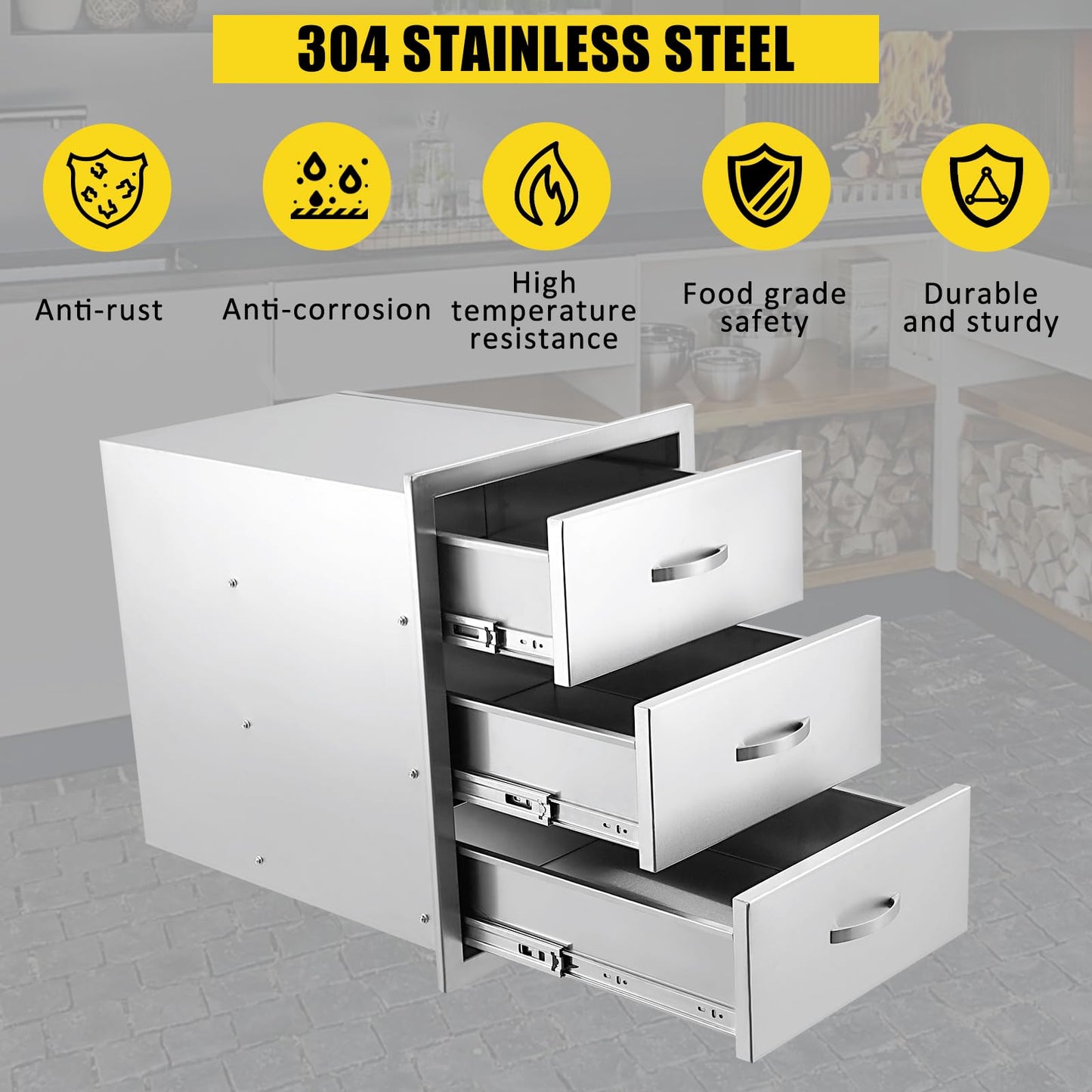 GarveeLife Outdoor Kitchen Drawers - Stainless Steel Flush Mount Triple Access BBQ Drawers, with Divider, Venting Panel for BBQ Island Patio Grill Station, 15.7WX17.7DX21.6H inch