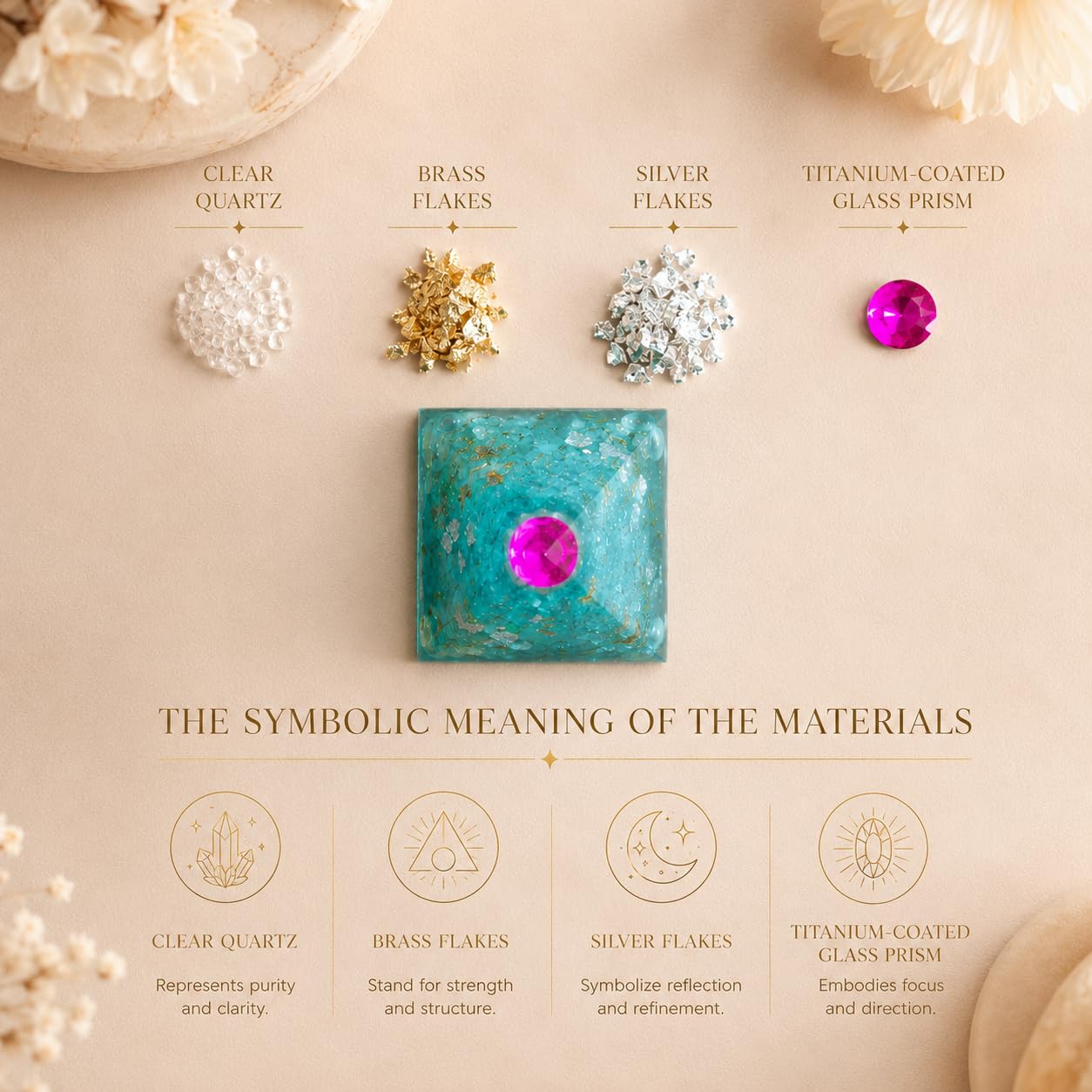 ORGONIC-Art Orgonite Pyramid – Inspired by Wilhelm Reich with Rock Crystal & Brass Leaf, a Symbolic Design Object for consciously Shaped Spaces in Today’s Modern Environment of WLAN, 5G & More