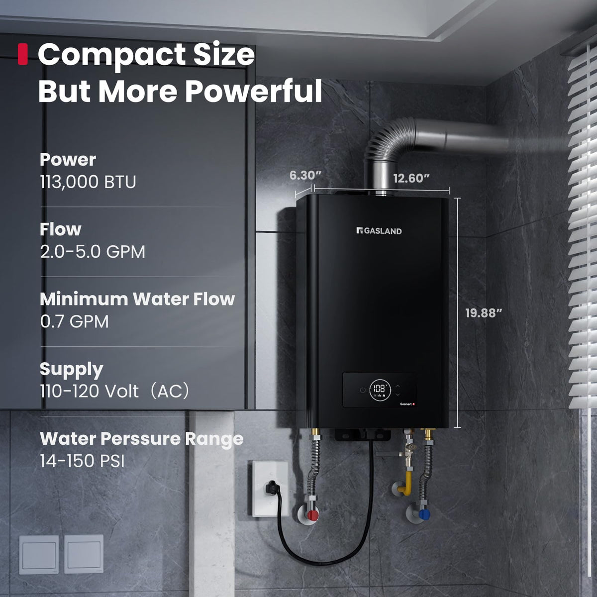GASLAND Gasmart C Propane Gas Tankless Water Heater Indoor, Max 5 GPM 113,000 BTU,CSA Certified,On Demand Hot Water Heater with 3" Exhaust Pipe, 120 Volt, Black