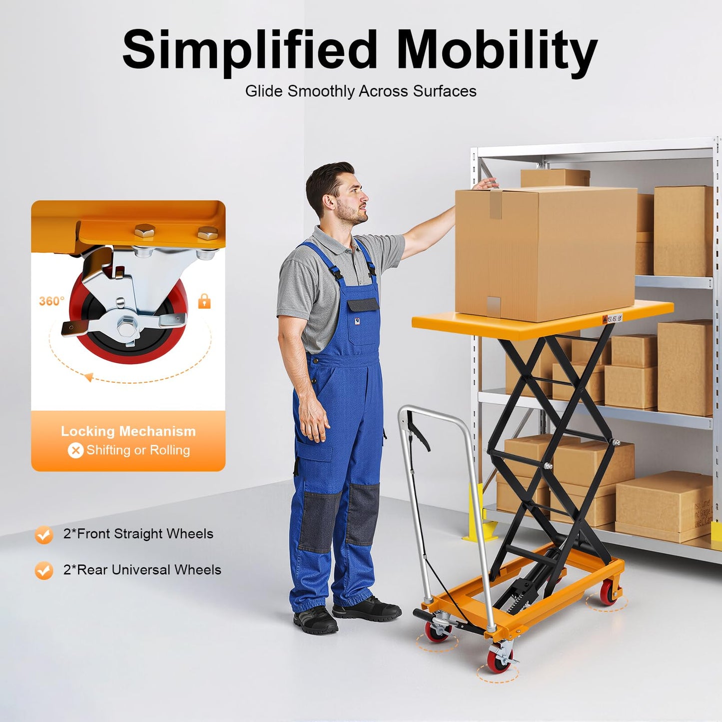Hydraulic Lift Table Cart,700lbs Capacity, 49.6in Lifting Height, Single Scissor Hydraulic Lift Table with Less Noise Locking Wheels, Lifting Devices for Material Handling and Transportation