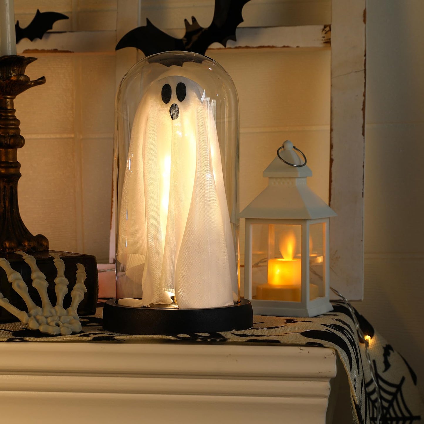Halloween Decor-Halloween Decorations Indoor-Light Up Ghost in Glass Cloche-Cute Ghost with Light for Home Kitchen Mantel Tabletop Party Decor and Holiday Decorations