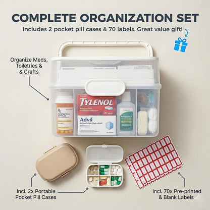 Portable Medicine Organizer Box & First Aid Kit Container – 3-Layer Folding Storage Bin with Handle & Latch, Clear Medical Supply Case for Home, Dorm, Sewing – w/ 2 Pill Pods & Labels