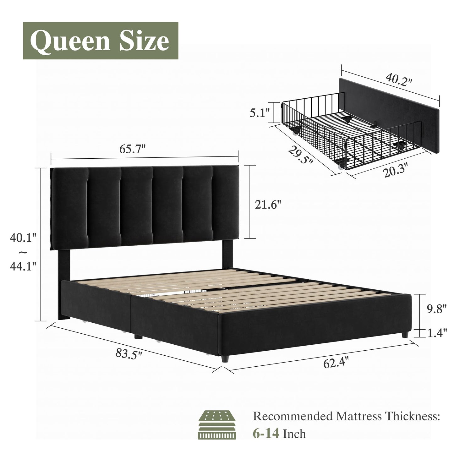 VECELO Queen Size Bed Frame with 4 Storage Drawers, Adjustable Height Headboard, Heavy-Duty Platform Bedframe with Strong Wooden Slats, No Box Spring Needed, Black