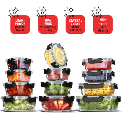 EATEX 48pc Glass Storage Containers with Lids, 24 Set Glass Food Storage Containers with 24 Airtight Lids, Pantry Kitchen Meal Prep Containers for Lunch, Freezer Storage Containers, Dishwasher Safe