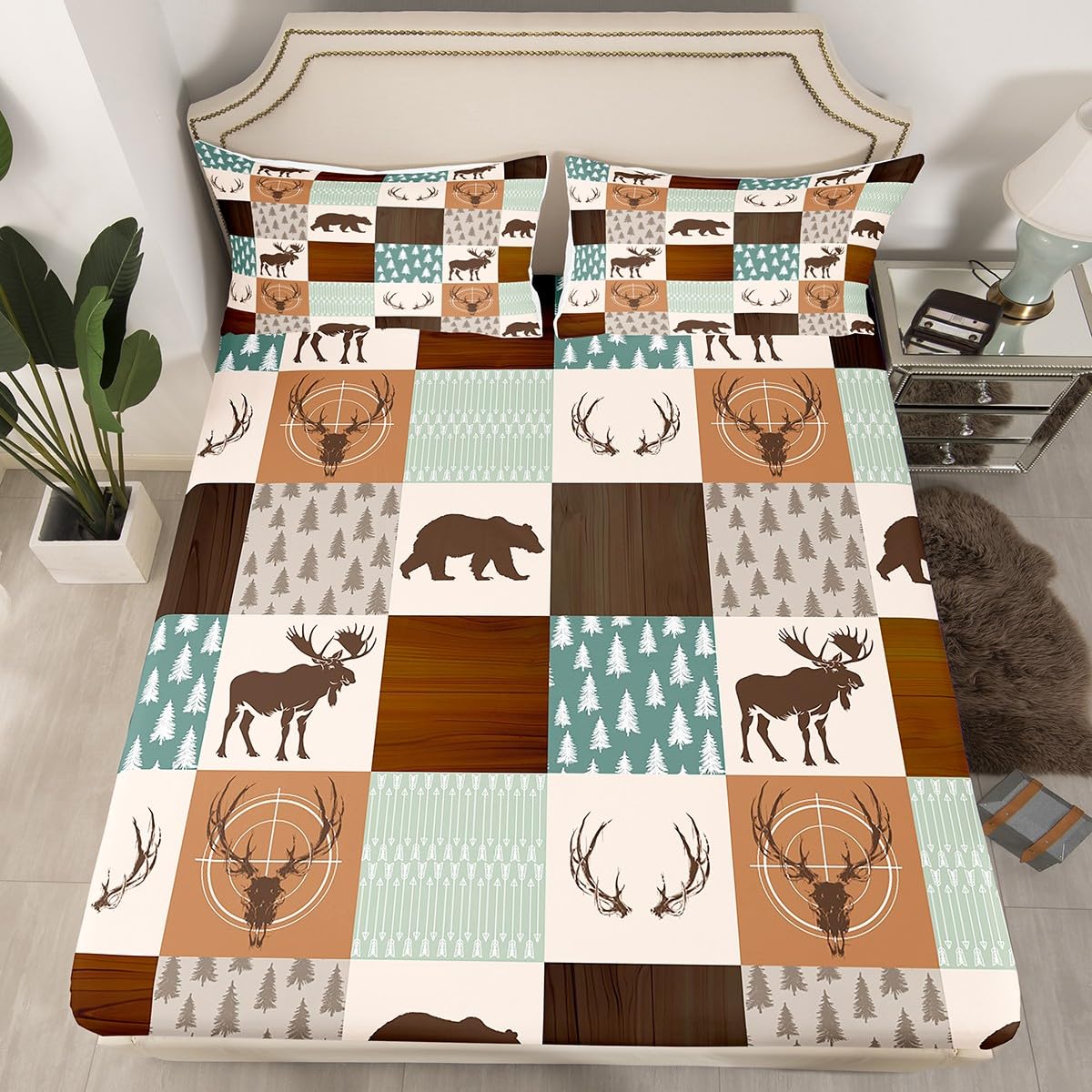 Castle Fairy Wild Animal Hunting Fitted Sheet Full Size,Rustic Bear Deer Antler Arrow Patchwork Bed Set for Girls Teens Room Plaid Retro Country Board Polyester Bedding with Flat,Fitted,2 Pillowcases