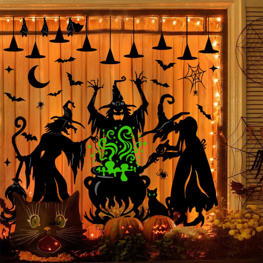 Vellibring Halloween Window Clings Decorations,Extra Large Double-Sided Reusable Decals Halloween Witches Bat Silhouette Stickers for Home Office School Glass Window Decor