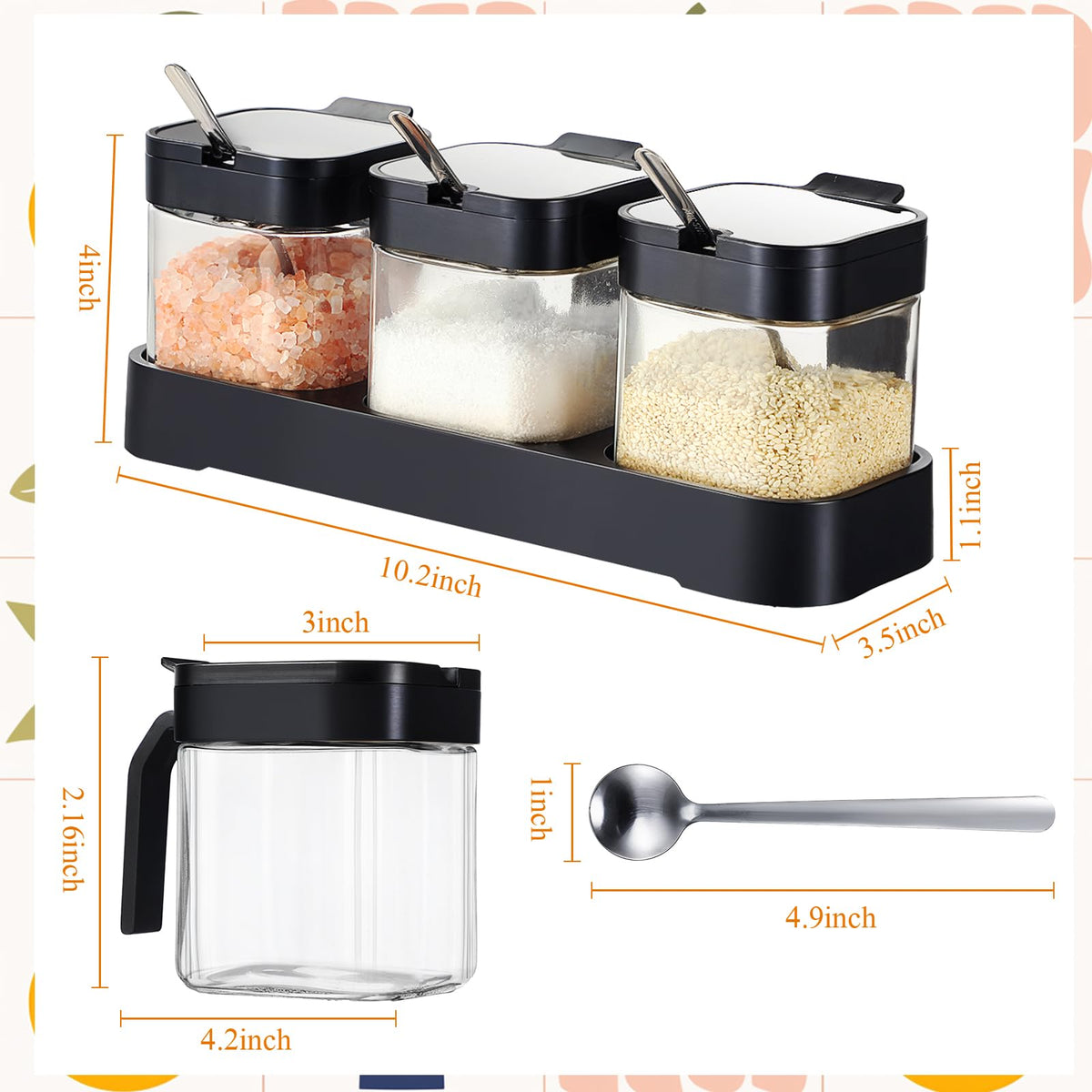 Teenyyou 7 Pcs Salt Sugar Container and Oil Dispenser for Kitchen Gift Set, 8.6 oz Clear Glass Condiment Canisters Pots with Lid and Spoon 17 oz Glass Oil Bottle for Countertop, Coffee Bar