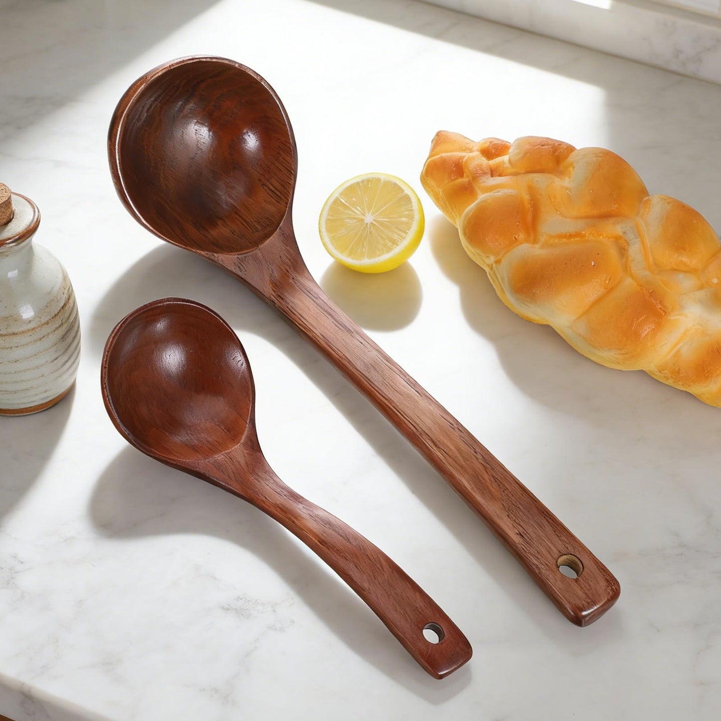 Wooden Ladle for Soup, Set of 2 Wooden Spoons for for Deep Pot, Non-Stick Wooden Spoons for Cooking & Serving, Natural Wood Sauces Porridge Soup Flatware with Long Straight Handle