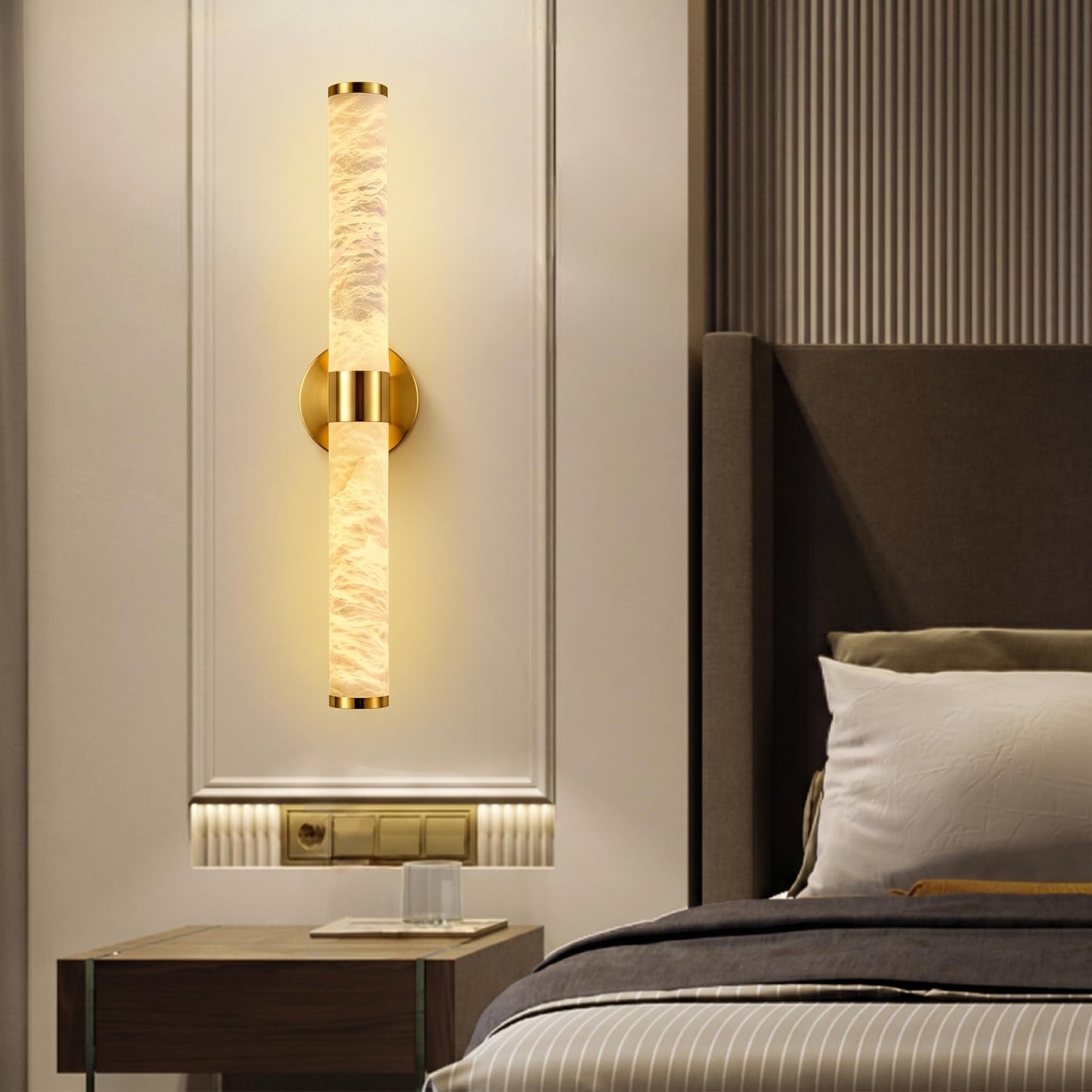 OSRoyce Alabaster Wall Sconces, 24" Brass Wall Sconce, Cylinder Natural Spanish Marble Sconces Wall Lighting, Modern Gold Dimmable Wall Lights for Living Room Bedroom Bathroom Stairs Hallway Entryway