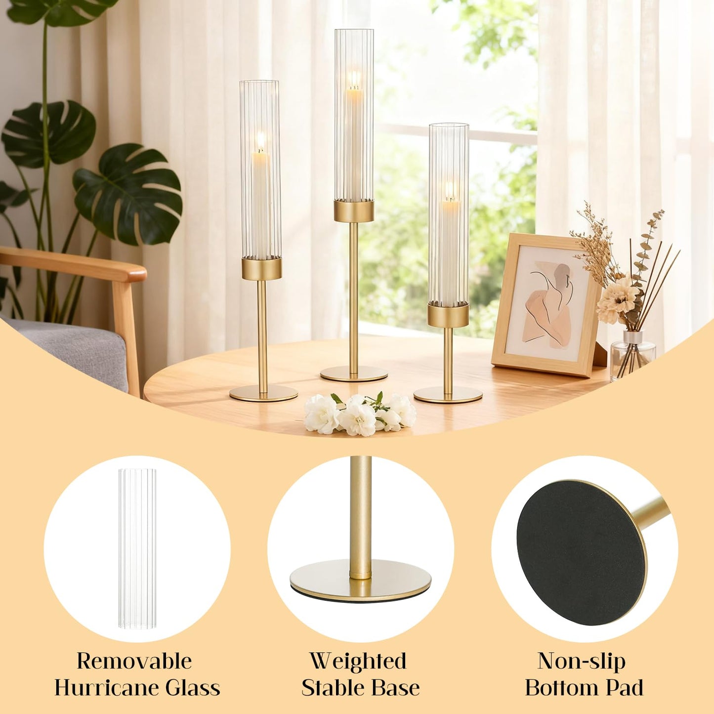 Turvono Gold Hurricane Candle Holders Set of 6, Brass Metal Candlestick Holders for Taper Candles, Modern Table Centerpiece Decor for Wedding, Party & Holiday Decorations