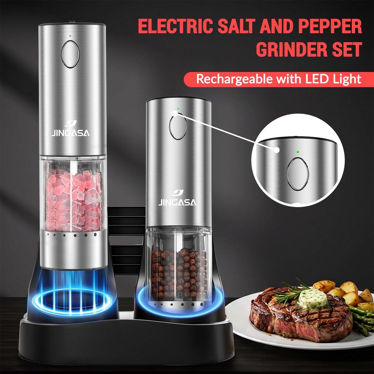 Electric Salt and Pepper Grinder Set with External Coarseness Adjustment, 95ml Large Capacity Automatic Pepper Mill, USB-C Charging Base with LED Light, Stainless Steel Spice Grinder, 2-Piece Set