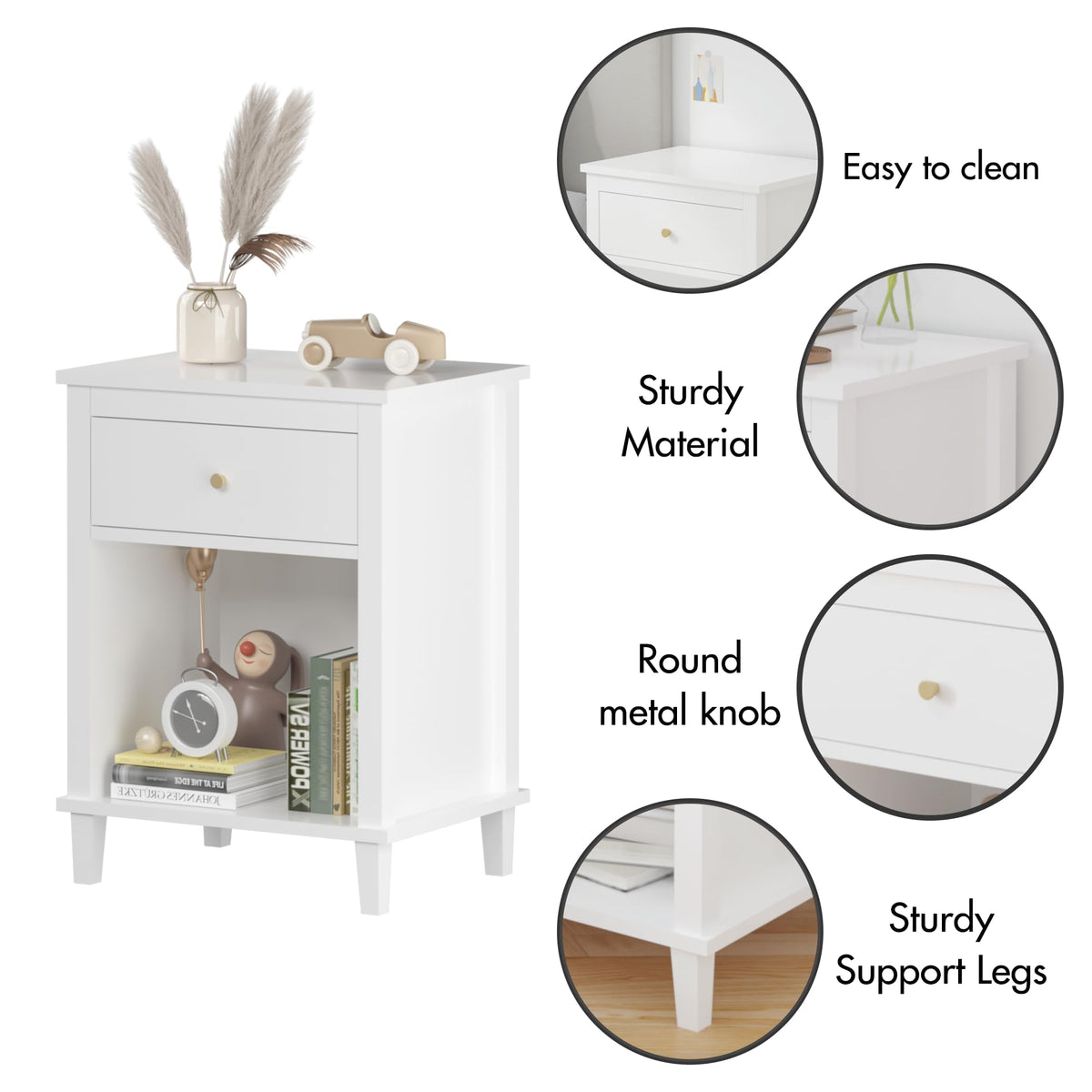 Nightstand with Drawer, 26.77''H Wooden Nightstand with Drawer & Open Storage Shelf, Modern Bedside Table for Kids, End Table for Living Room Bedroom, White