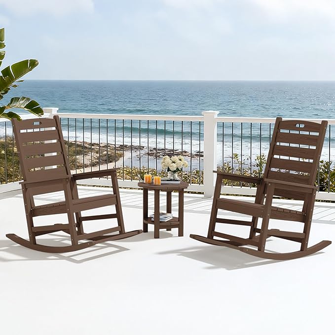 SERWALL Outdoor Rocking Chair, Oversized Rocking Chair with Footrest for Adults, HDPE All Weather Resistant Rocking Chairs for Patio, 350lbs Weight Capacity, Brown