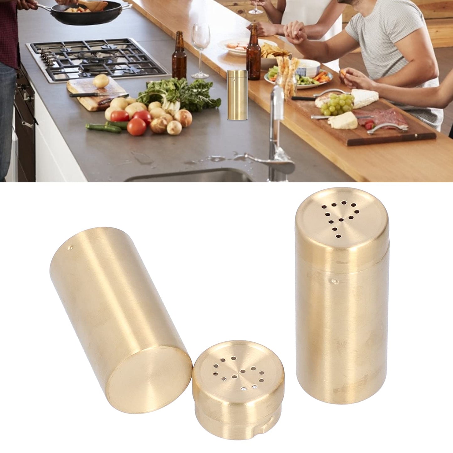 Salt Seasoning Bottle 2 Pcs Condiment Pots, Stainless Steel Jar Shakers Kitchen Container Tool, 1.5x1.5x3.4in 6.8oz Seasoning Shaker for Salt Cinnamon (Gold)