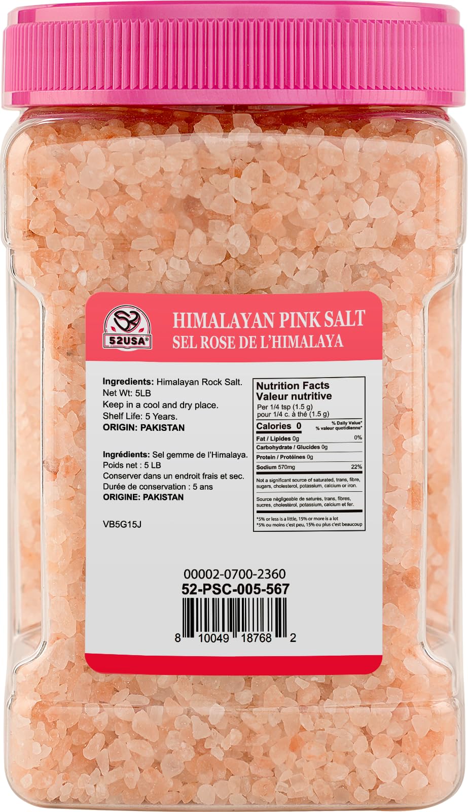 52USA Himalayan Pink Salt Coarse, Pink Salt Coarse for Grinder, 80oz (5 Pound), 100% Real, Pure, Unrefined Himalayan Pink Salt, Pink Himalayan Sea Salt