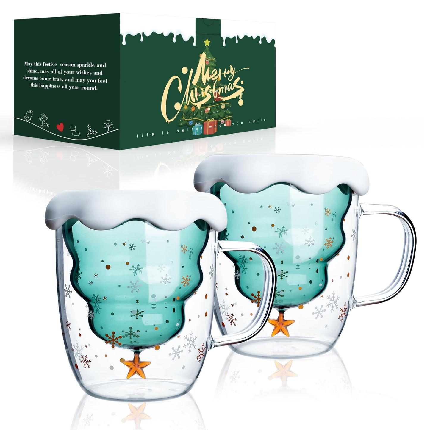 LIBWYS 2 Pack Christmas Mugs, Double Walled Borosilicate Christmas mug set with Snowflake Lid, Cute Mugs for Hot Cocoa and Coffee, 300ml Christmas tree mugs Christmas Gift for Family, Friend