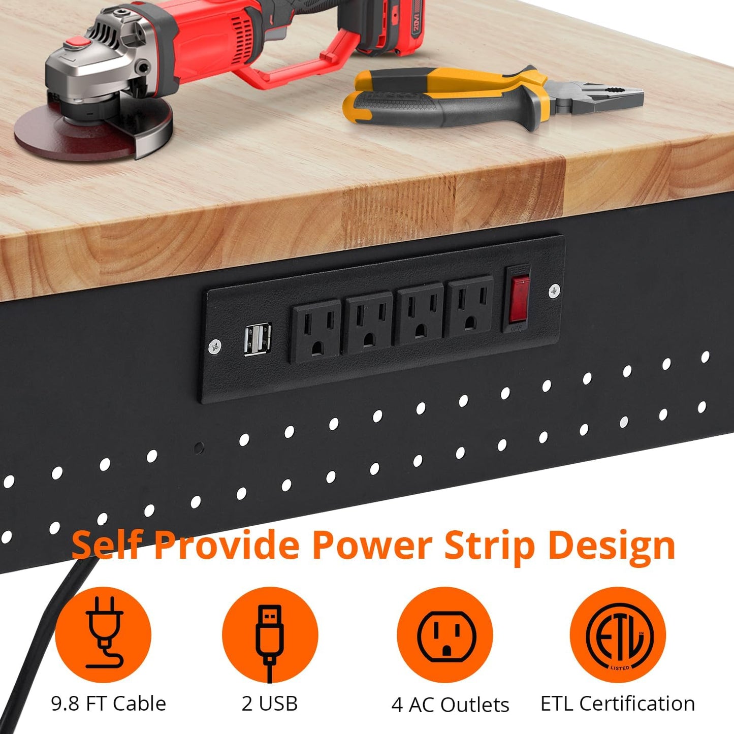 48"x24"x1.2" Heavy Duty Adjustable Workbench with Rubber Wood Top, 9 ft Power Strip, 2000 LBS Load, Lockable Wheels, ETL Certified, Black Garage & Workshop Table