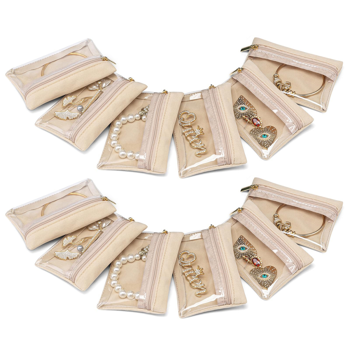 VLANDO Jewelry Travel Case,Travel Jewelry Organizer with Clear Velvet Jewelry Bags Zipper Pouch for Women Girl Gift 12Pcs Bag
