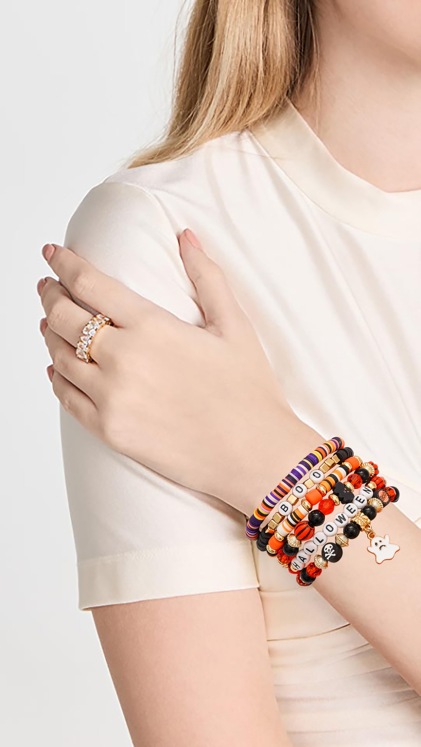 Pychee Summer Surfer Heishi Bracelet Set for Women Stackable Gold Plated Clay Ploymer Bead Stretch Pink Beach Layering Bracelets Jewelry (Style-B-Halloween1)