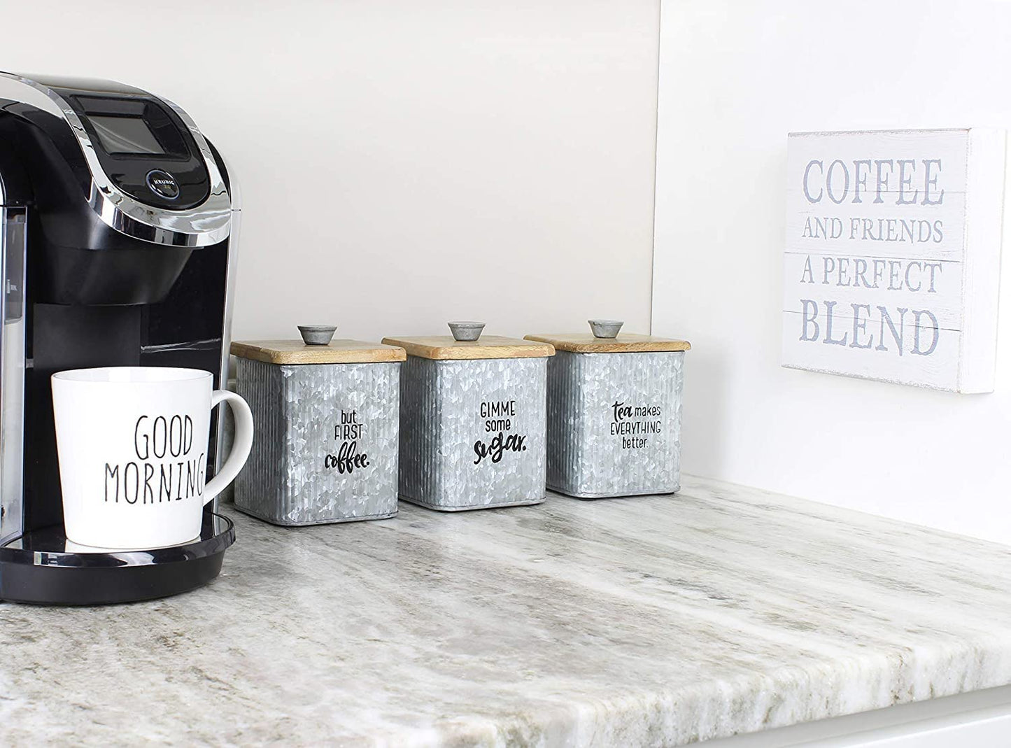 AuldHome Design Farmhouse Galvanized Canisters (Set of 3); Storage Containers for Coffee, Tea and Sugar in Galvanized Iron and Wood Design