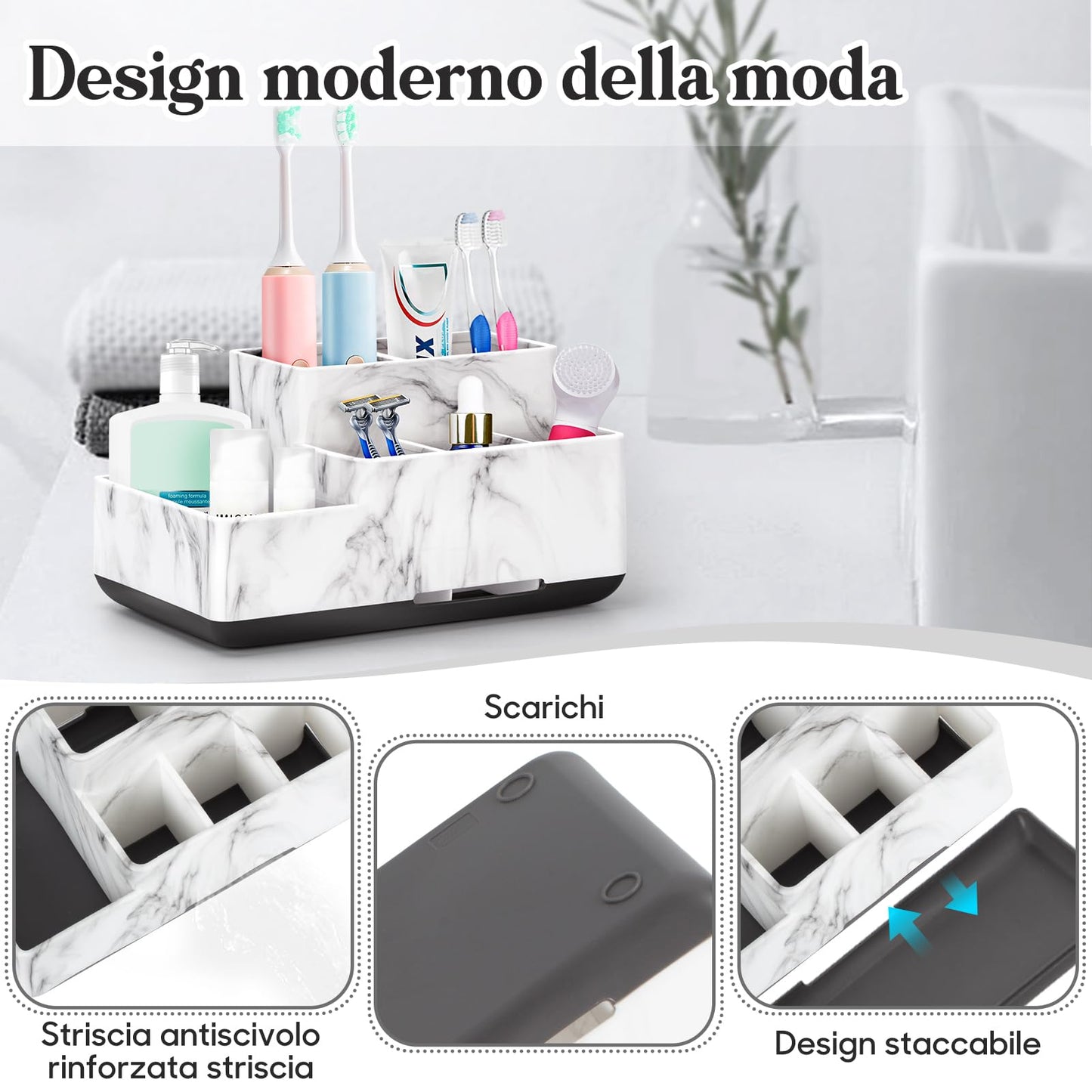 Detachable Toothbrush and Toothpaste Holder for Bathroom Countertop, Large Bathroom Organizer Storage Anti-Slip for Shower, Kitchen, Kids, Family, Multifunction Toothbrush Holders Marble Silver