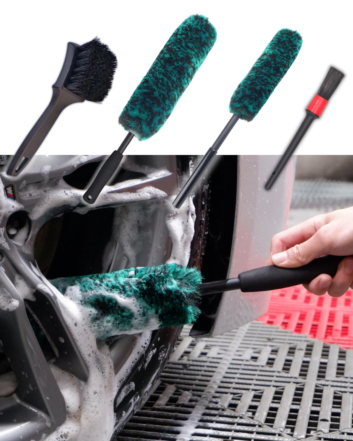 oesee Professional 4 Pack Long Handle Wheel Brush Kit for Cleaning Wheel and Tire- 2X Soft Wheel Cleaning Brush, Detailing Brush and Stiff Tire Brush, Bendable& Durable Wheel Rim Cleaner Brush Set