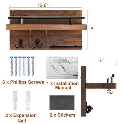 OurWarm Wall Mounted Key Holder/Hangers for Wall Decorative with 5 Key Hooks, Wooden Mail Rack Organizer with Shelf, Rustic Home Decor for Entryway Mudroom Hallway Office, Brown