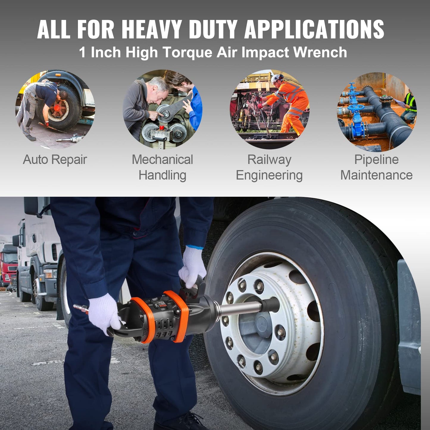 VEVOR 1 Inch Air Impact Wrench, Up to 5175 ft-lbs Beast Reverse Torque Output Pneumatic Impact w/ 8 Inch Anvil for Heavy Duty Machinery/Semi-Truck/Bus