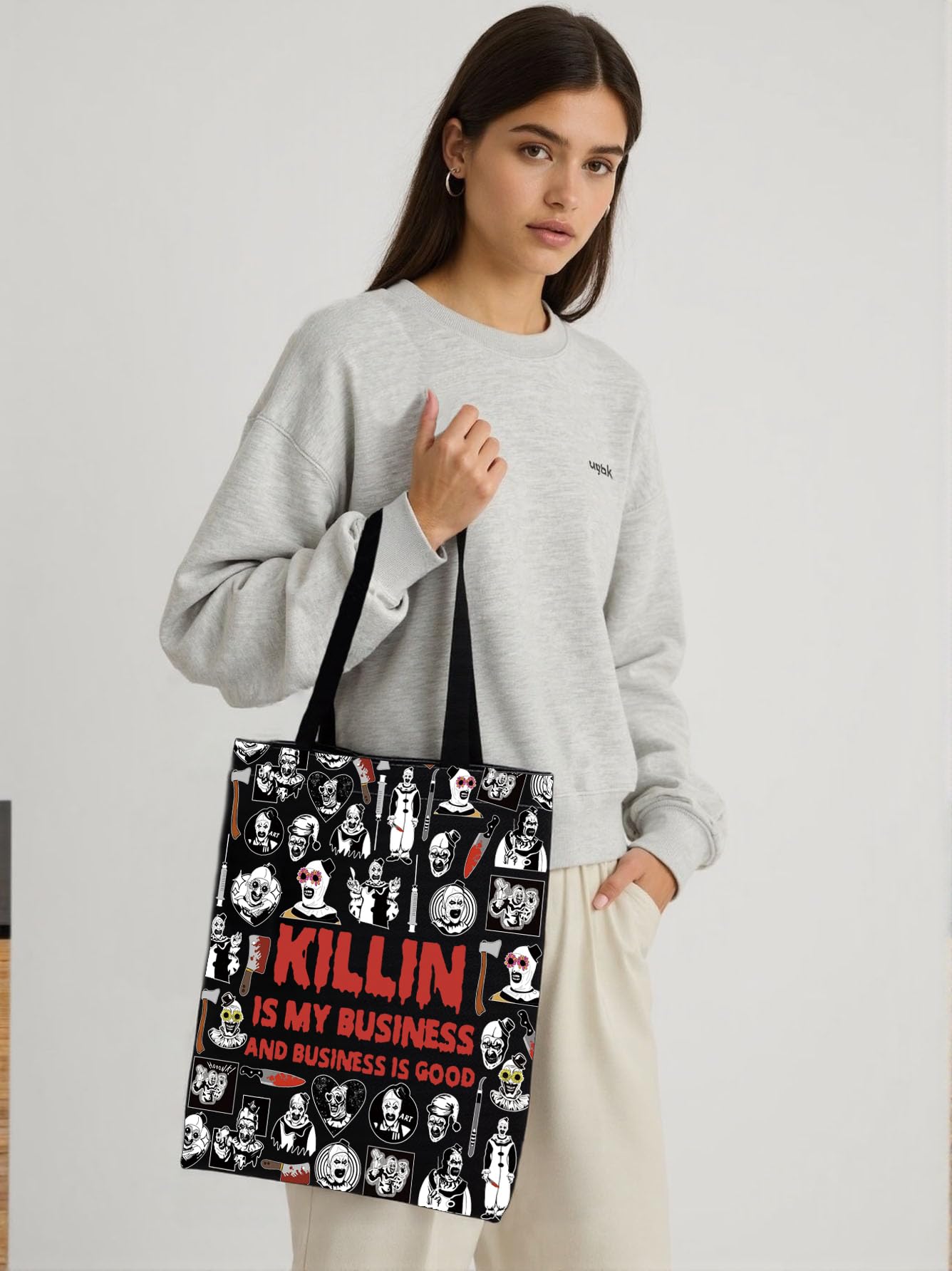 KUIYAI Clown Movie Merchandise Inspired Tote Bag KillerClown Canvas Bag Horror Movie Lover Gift Art Scary Clown Character Gift (BusinessGoodToteBlk)