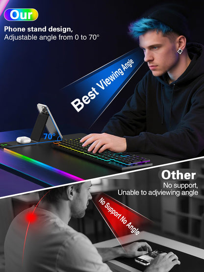 Mouse Pad with Foldable Phone Holder & Wireless Charger, XXL RGB Gaming Mousepad 31.5"x15.8" Large Desk Mat for Keyboard, Black Desk Pad with Dual Qi Charging Station | 11 Colors 5 Modes | Waterproof
