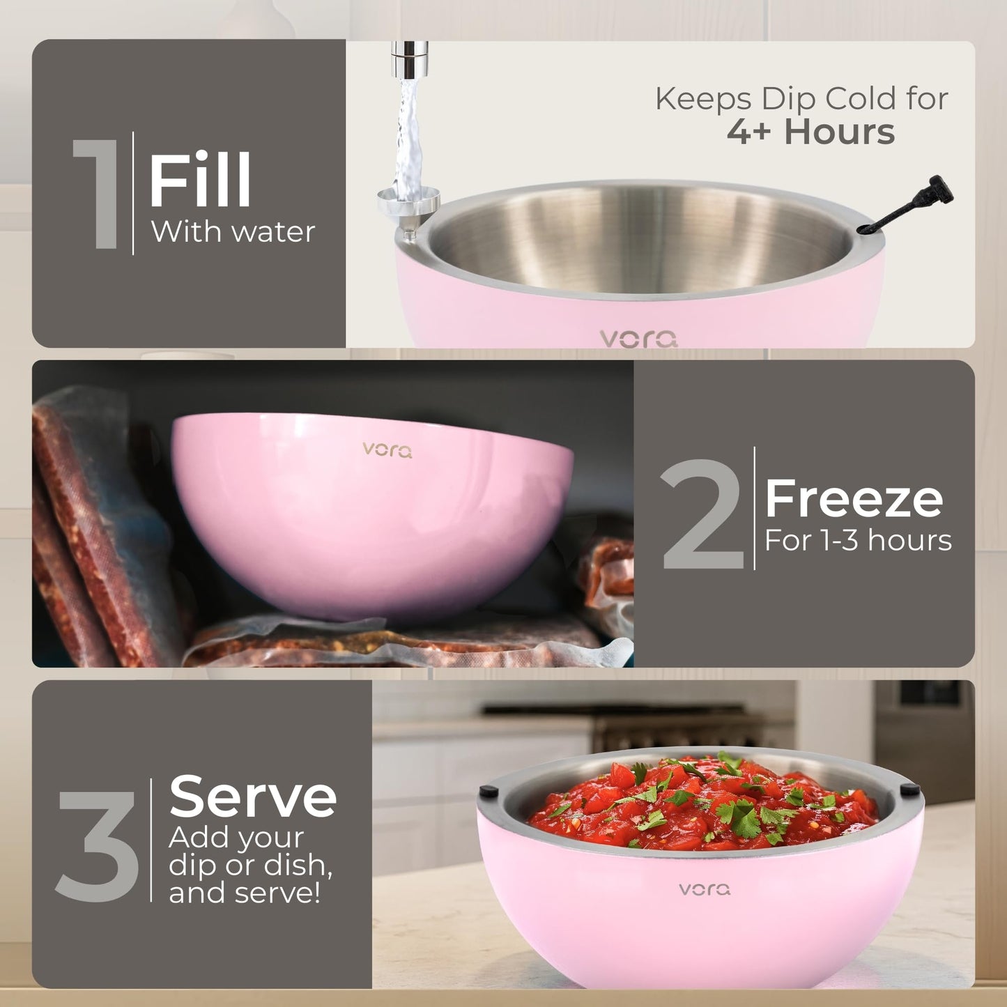 Vora 35oz Dip Chiller Bowl | 1 Pack Pink Stainless Steel Chilled Serving Bowl Keep Dips, Salads, and Appetizers Perfectly Cold with Leak-Resistant Ice Bowl for Effortless Hosting