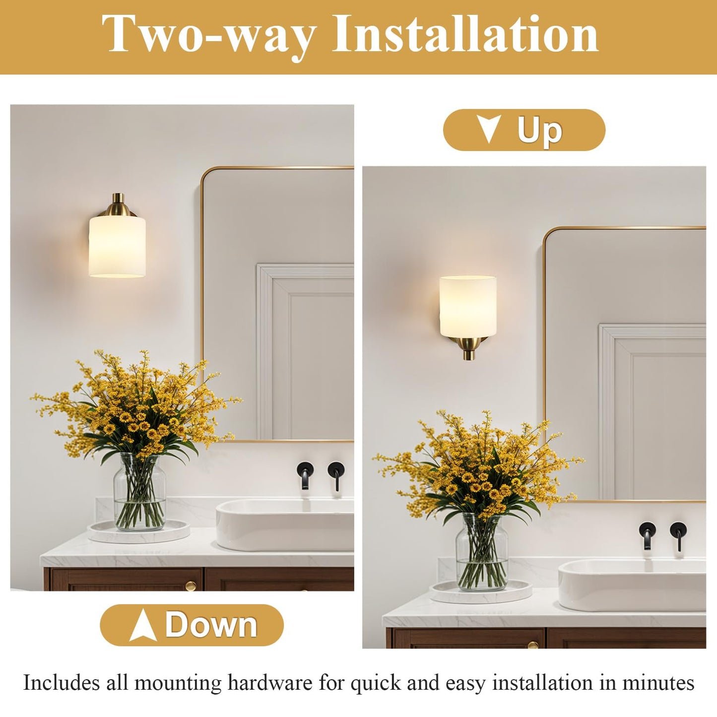 Mecgirn Gold Milk Glass Wall Sconces, 1 Pack Hardwired Indoor Wall Light Fixtures for Living Room, Hallway, Bedroom, Ceramic E26 Sockets (Bulbs Not Included)
