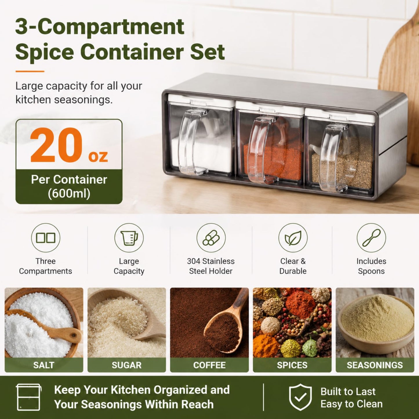 ZENFUN 3 Grids Seasoning Organizer Box, Stainless Steel Salt Container with Lid and Spoon, Seasoning Containers with Stainless Steel Rack for Home, Kitchen, Cafe, Storing Salt, Sugar, Pepper, Spice