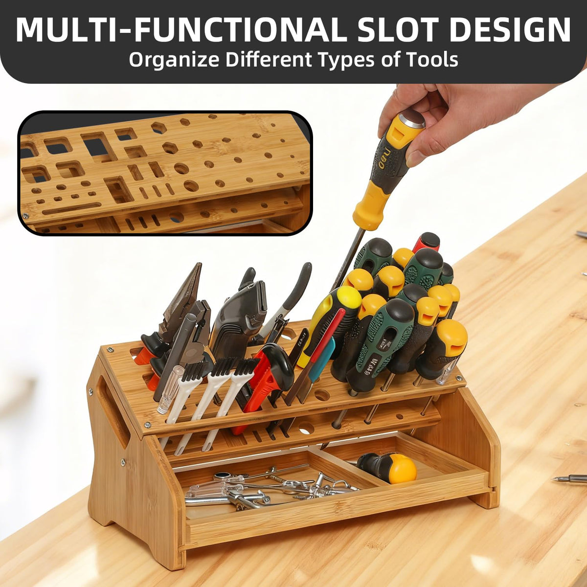 ValuXpro Bamboo Screwdriver Organizer - Tool Storage Organizer Workbench Desktop Rack - Hand Piler Tools Storage Holder -Standard Size
