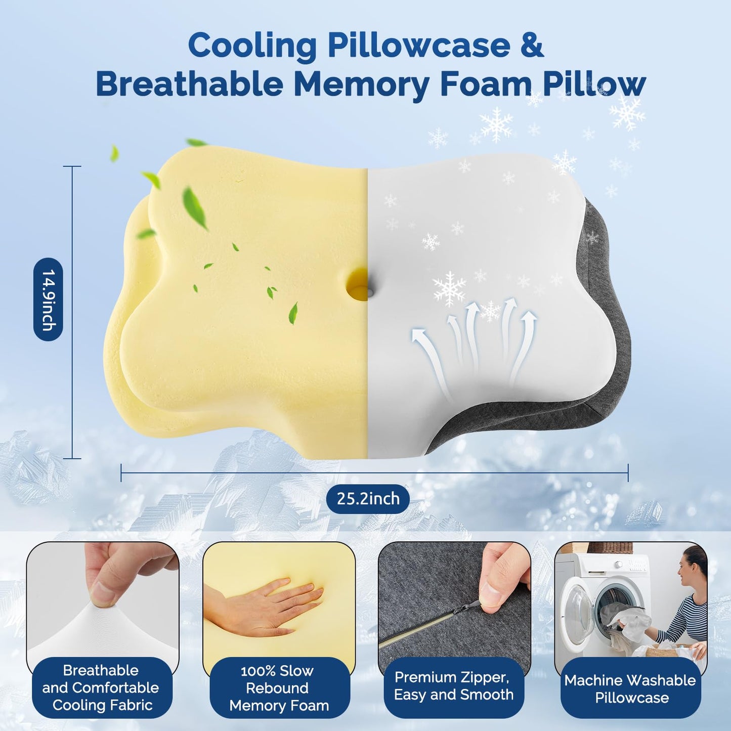 Cervical Neck Pillow, Ergonomic Side Sleeper Pillow for Neck Support, Cooling Memory Foam Pillows for Sleeping, Contour Orthopedic Bed Pillows for Side Back Stomach Sleepers with Removable Pillowcase