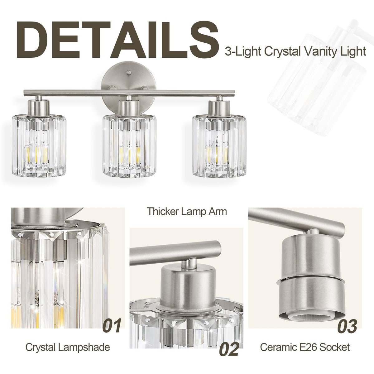 Kvhiiw Crystal Bathroom Light Fixtures, Bathroom Lighting Fixtures Over Mirror, Modern 3-Light Brushed Nickel Vanity Lights for Mirror, Restroom, Kitchen(Ceramic E26 Socket,Bulbs Not Include)