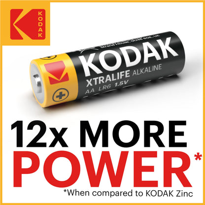 Kodak Xtralife 60-Pack AA Batteries, Double A Alkaline Battery Pack, 1.5V, 10-Year Shelf Life, LR6, Ideal for High-Drain Devices, 12x More Power, Plastic Free Cardboard Outer Carton