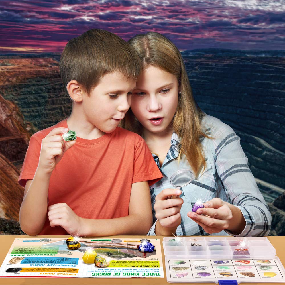 Rocks Collection - 15-Piece Rock Collections for Kids - Cool Geology Gem Kit with Identification Sheet - Gemstones Set Box with Learning Guide and Storage Case - Educational Gift for Kid