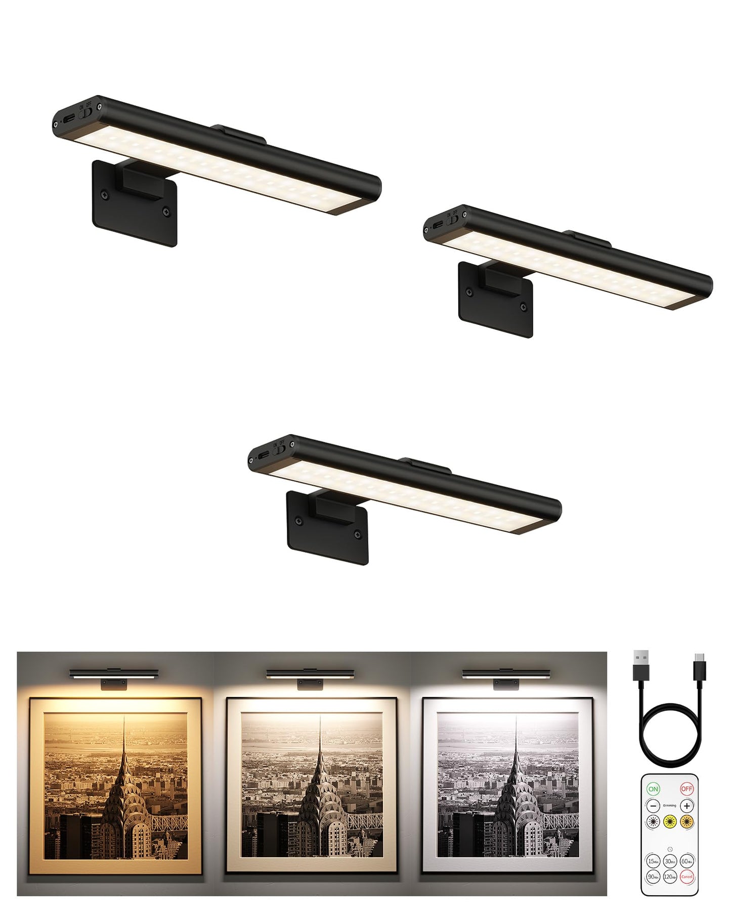 EZVALO Picture Light for Wall, Rechargeable 2400mAh Battery Lights Wireless with IR Remote, 3 Color & Dimmable Magnetic 7.8'' LED Lights Display for Painting, Living Room, Gallery, Bedroom(Black-3P)