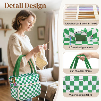 DALINDA Crochet Bag and Tote - Yarn Bag Crochet Storage Bag for Crochet Supplies,Crochet Accessories, Knitting Bag for Crochet Lovers, Ideal Crochet Gifts (Green Plaid)