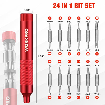 WORKPRO 24 in 1 Multi Bit Mini Screwdriver Set Magnetic, Manual Pen Screwdrivers, Tough S2 Steel Small Screwdriver Bits for Eyeglass, Watch, Laptop, Phone, Jewelry and Electronic, Red