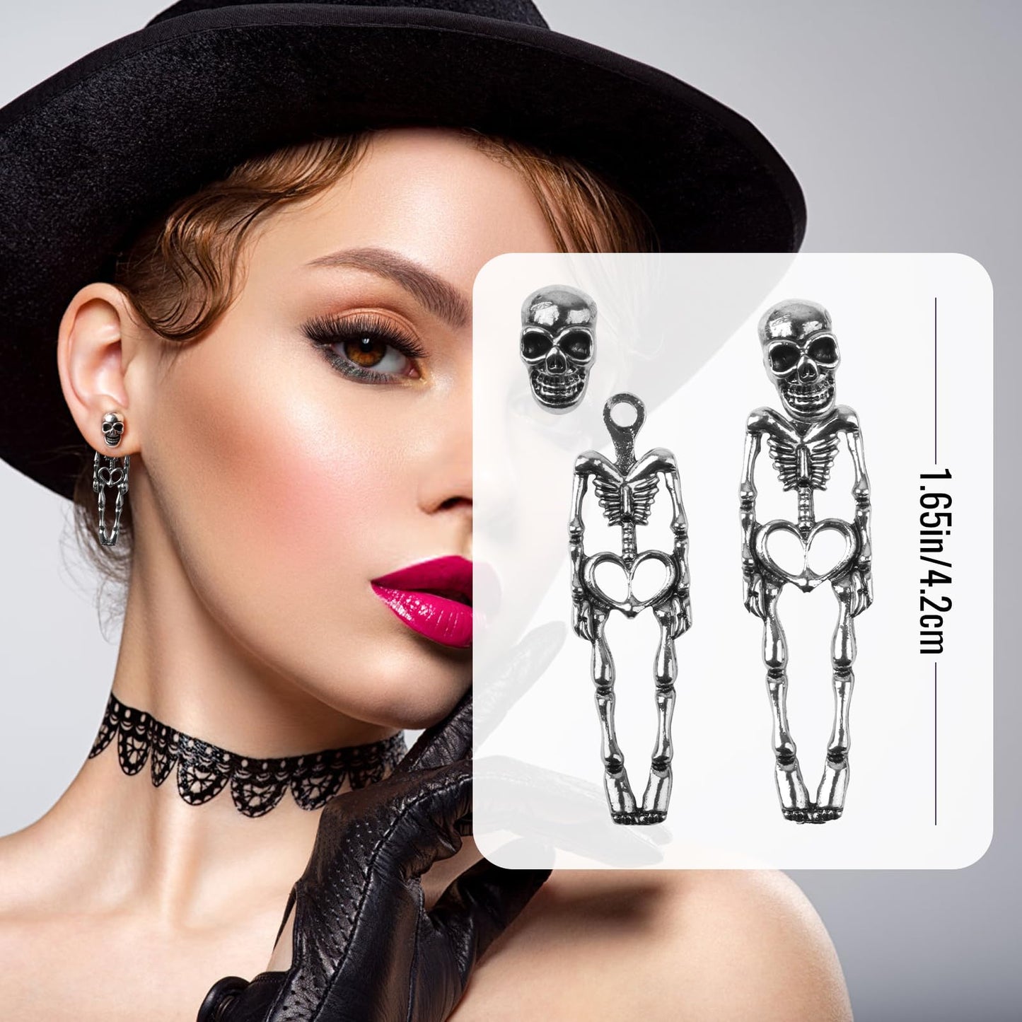 Halloween Earrings Silver, Skeleton Skull Dangle Earrings Jewelry for Women, Ideal for Halloween Party Cosplay(1 Pair Stud Style)