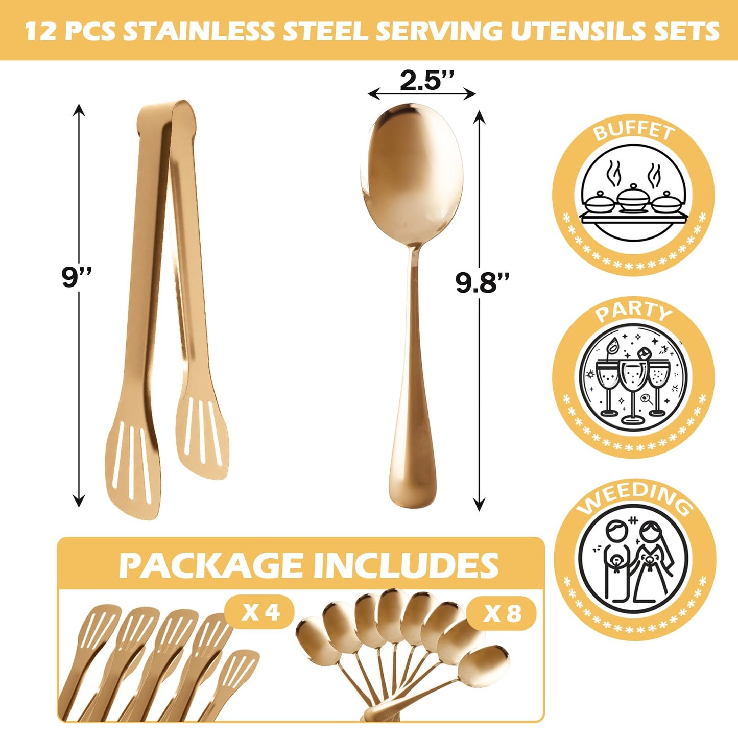 12PCS Stainless Steel Serving Utensils Sets,8 Large Serving Spoons,4 Serving Tongs,Gold Serving Utensills Sets for Buffet Catering Banquet Party (Gold)