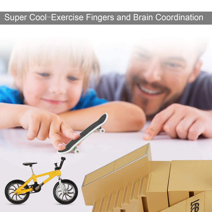 IOUGDSEC Skate Park Kit Ramp Parts for Finger Skateboard Park Kit Part Training Props with 4 Finger Decks 2 Finger Bike 1 Pair Skates and 1 Scooters