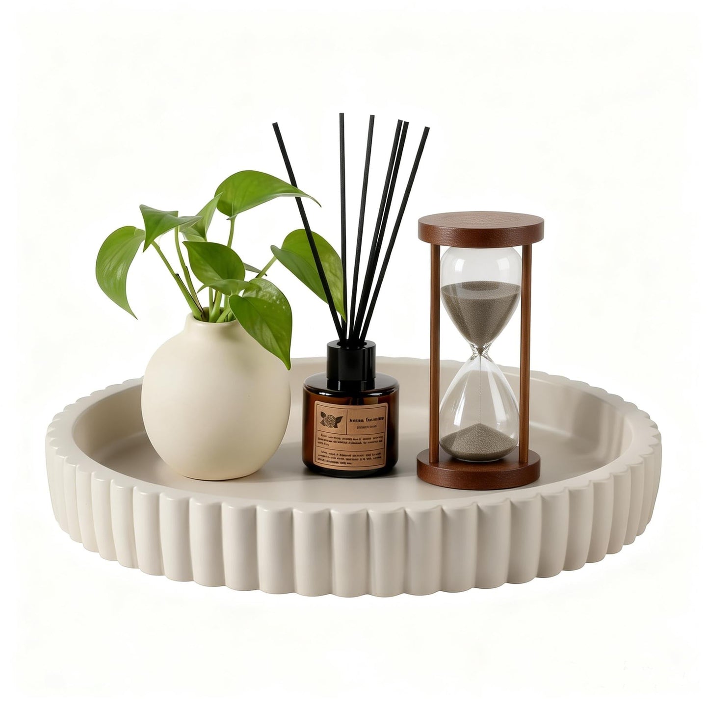 Zyphlux Round Decorative Trays & Coffee Table Tray, 11 Inch Fluted Coffee Table Centerpiece Decor, No Slip Modern Circle Concrete Organizer for Living Room, Console, Kitchen Island, Dresser
