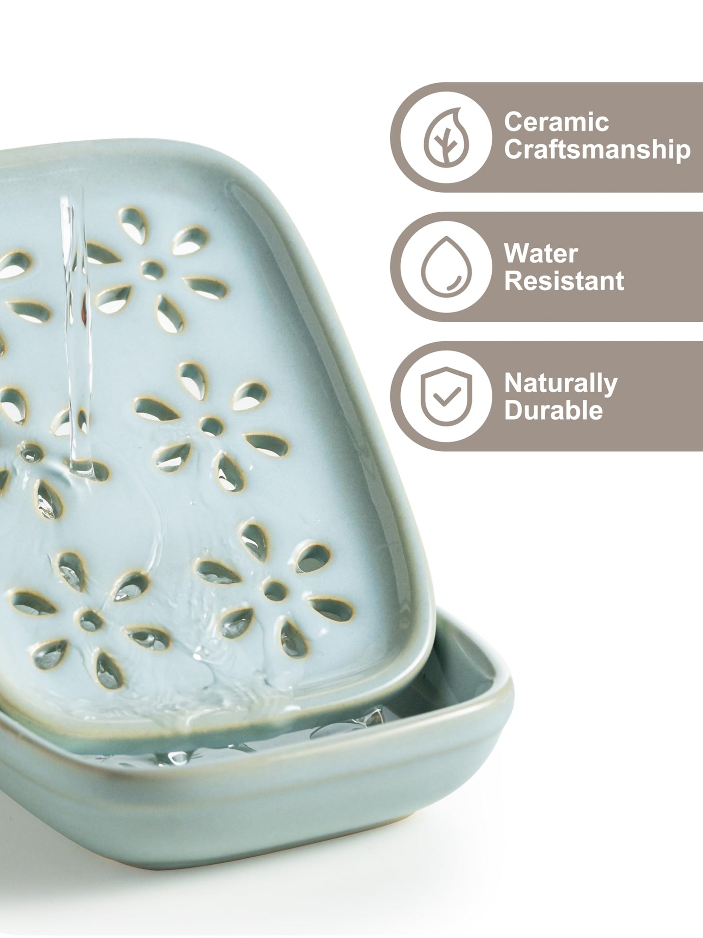 Miamolo Soap Dish for Shower with Drainage, 2-Tier Soap Holder for Bar Soap Sponge, Ceramic Soap Dish with Removable Drip Tray for Bathroom Sink, Mess-Free, Easy Cleaning Dishwasher Safe, Blue