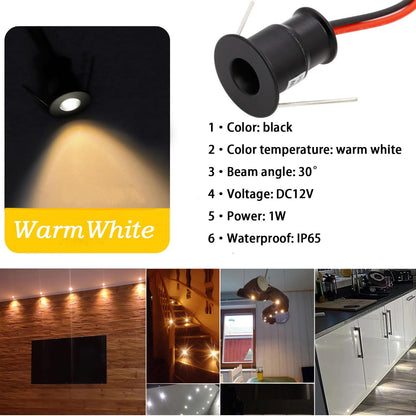 kpslcerna LED Mini Spot Light 9PCS 12v Recessed Ceiling Downlights,1W IP65 Cabinet Small Spotlight,Step Staircase Decking,Kitchen Living Room and Bedroom Simple Lighting (Black Shell, 30° Warm White)